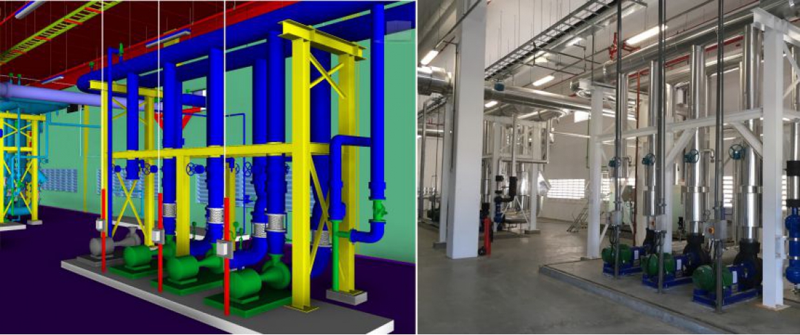 Projeto Indústria Alimentícia - Central de Distribuição de Água Gelada - Projeto 3D x Instalação Executada